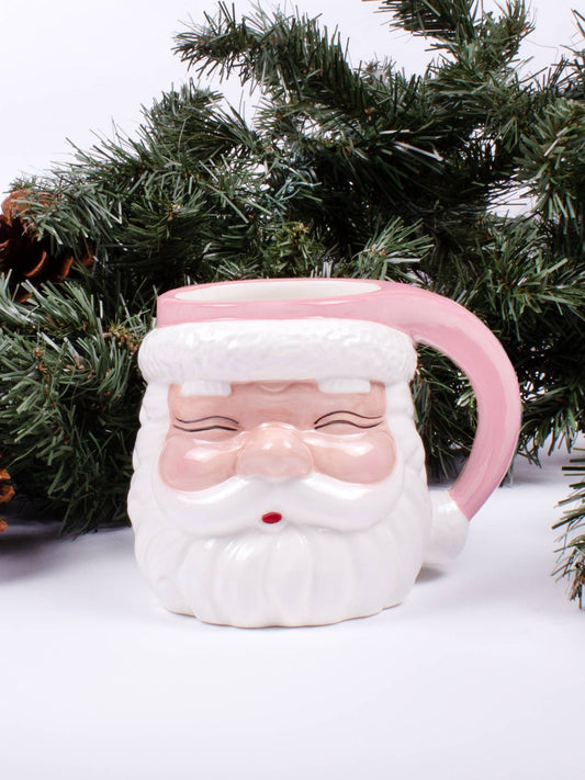 Pink Santa head ceramic mug with white beard and pink handle