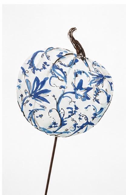 Blue Floral Pumpkin Yard Stake