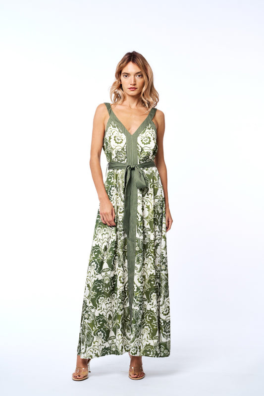 Aiza Tiger Print V-neck Maxi Dress with Tie