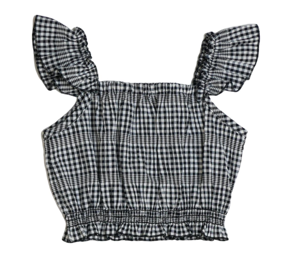 Black Check Ruffle Sleeve Tank