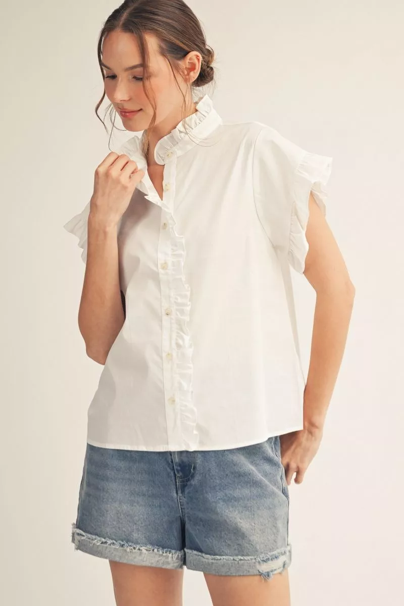 Ruffle Sleeve Button Up Blouse - White