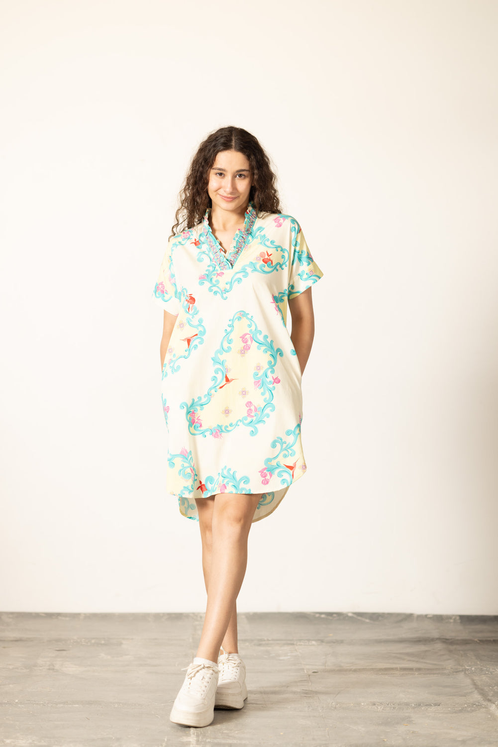 Alana Dress- Aqua Scroll