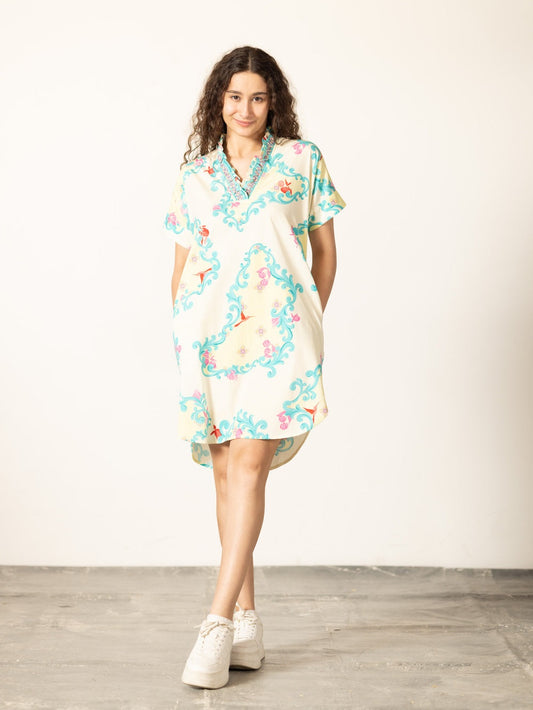 Alana Dress- Aqua Scroll