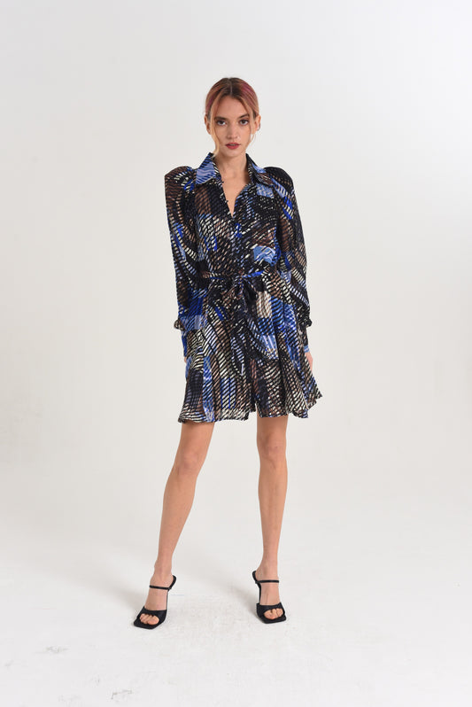 Silvie Printed Satin Burnout Mini Shirt Dress