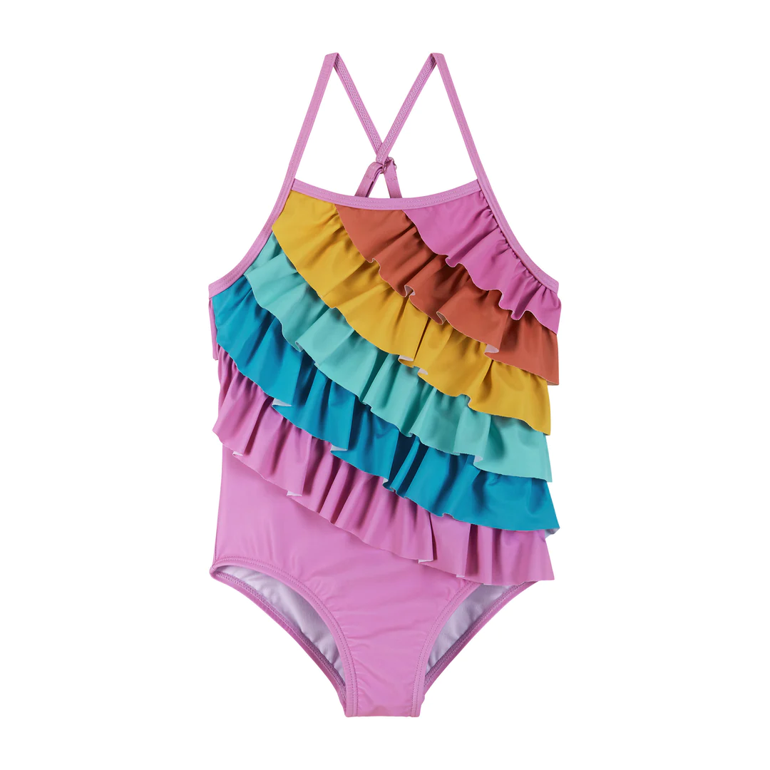 Rainbow One Piece Ruffle Swimsuit Palms