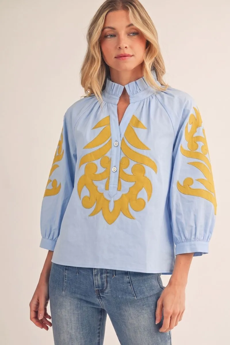 Light Blue Blouse with Mustard Appliqué