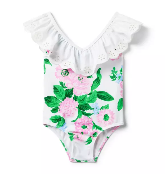 White Floral Ruffle Bathing Suit