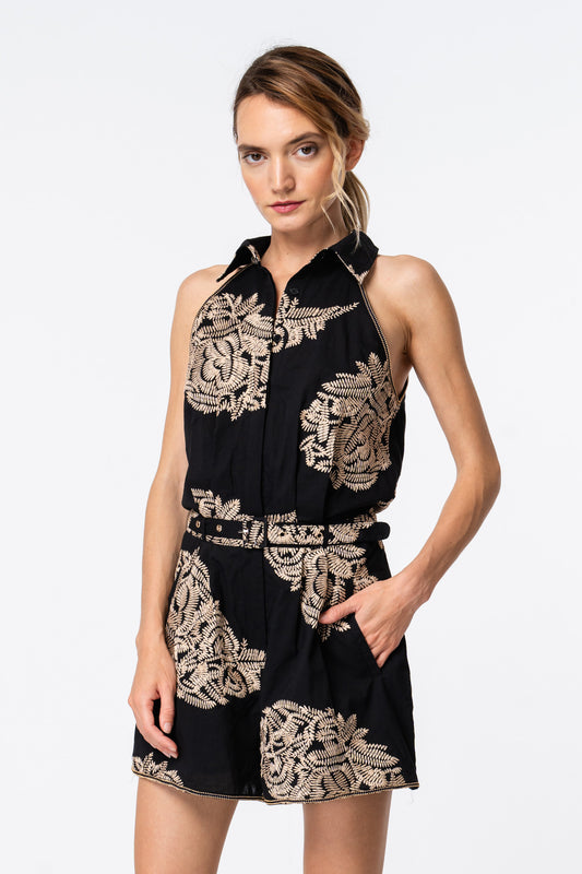 Nicola Embroidered Halter Romper with Piping Detail