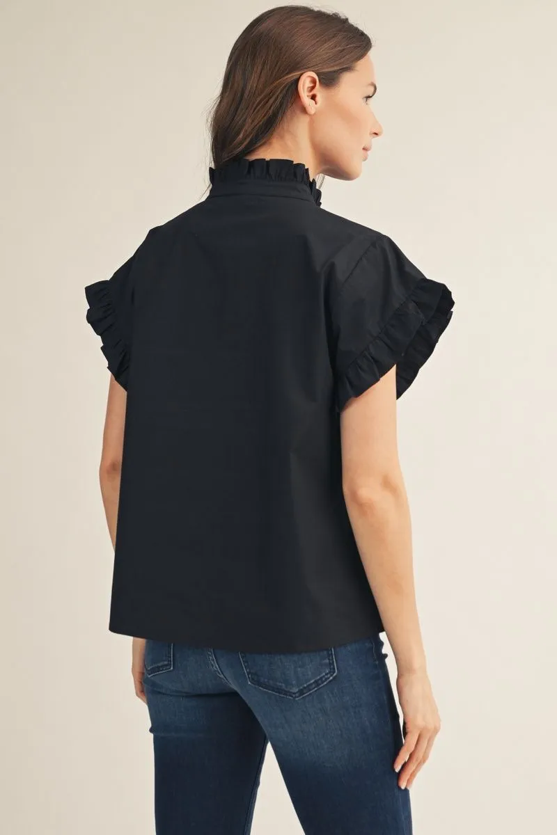 Ruffle Sleeve Button Up Blouse - Black