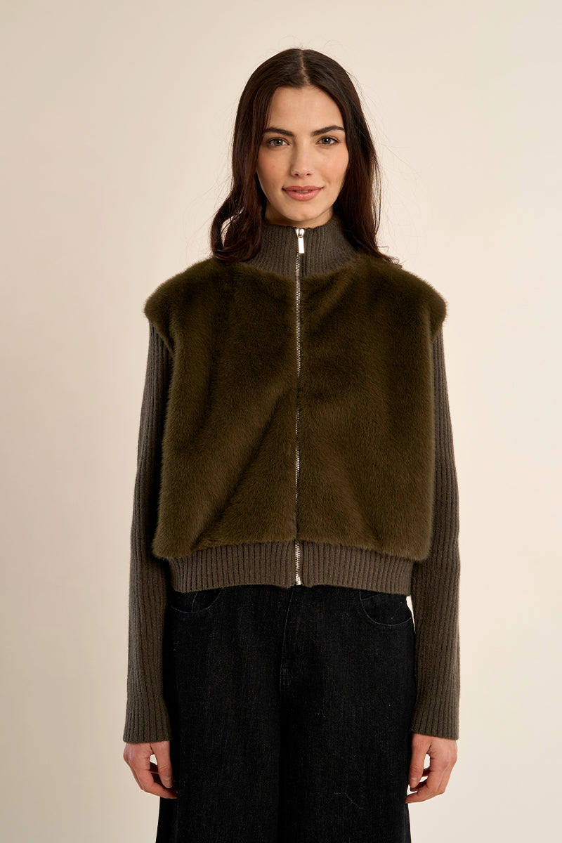 Knitted Fur Jacket - Khaki Green
