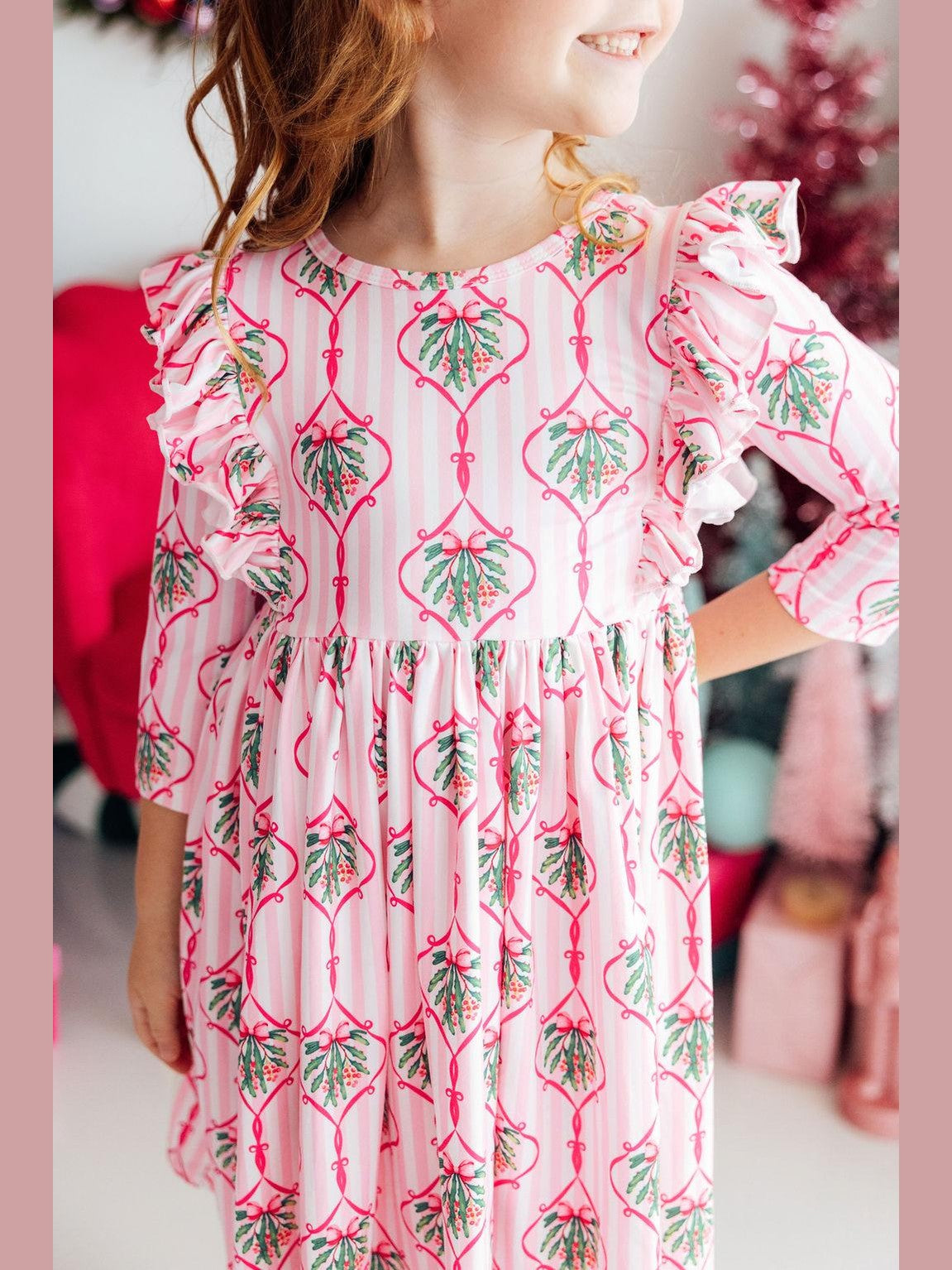 3/4 Sleeve Ruffle  Twirl Dress - Merry Mistletoe
