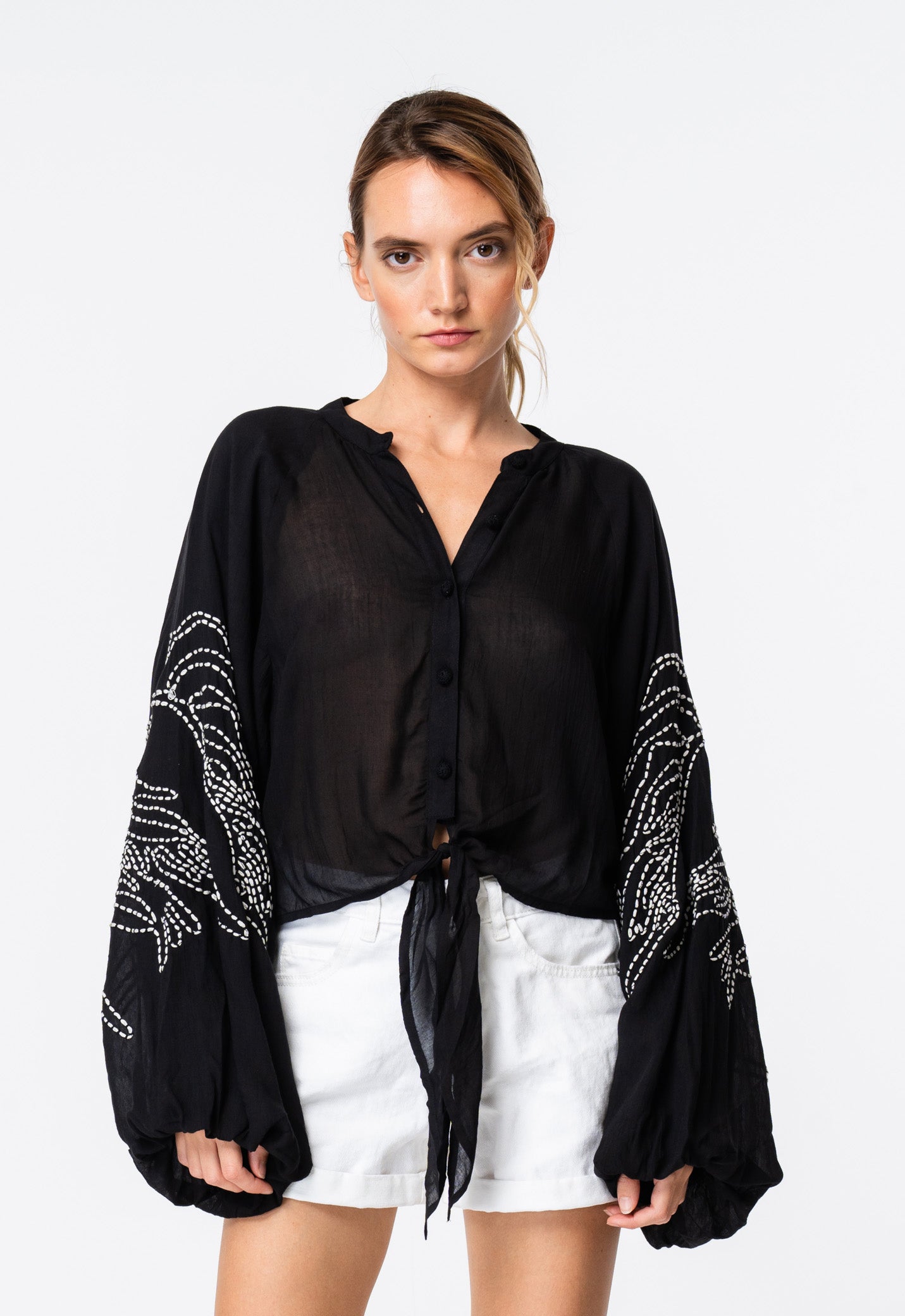 Darcy Embroidered Tie Front Blouse