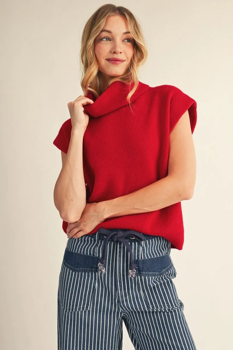 Turtle Neck Short Sleeve Sweater - Red