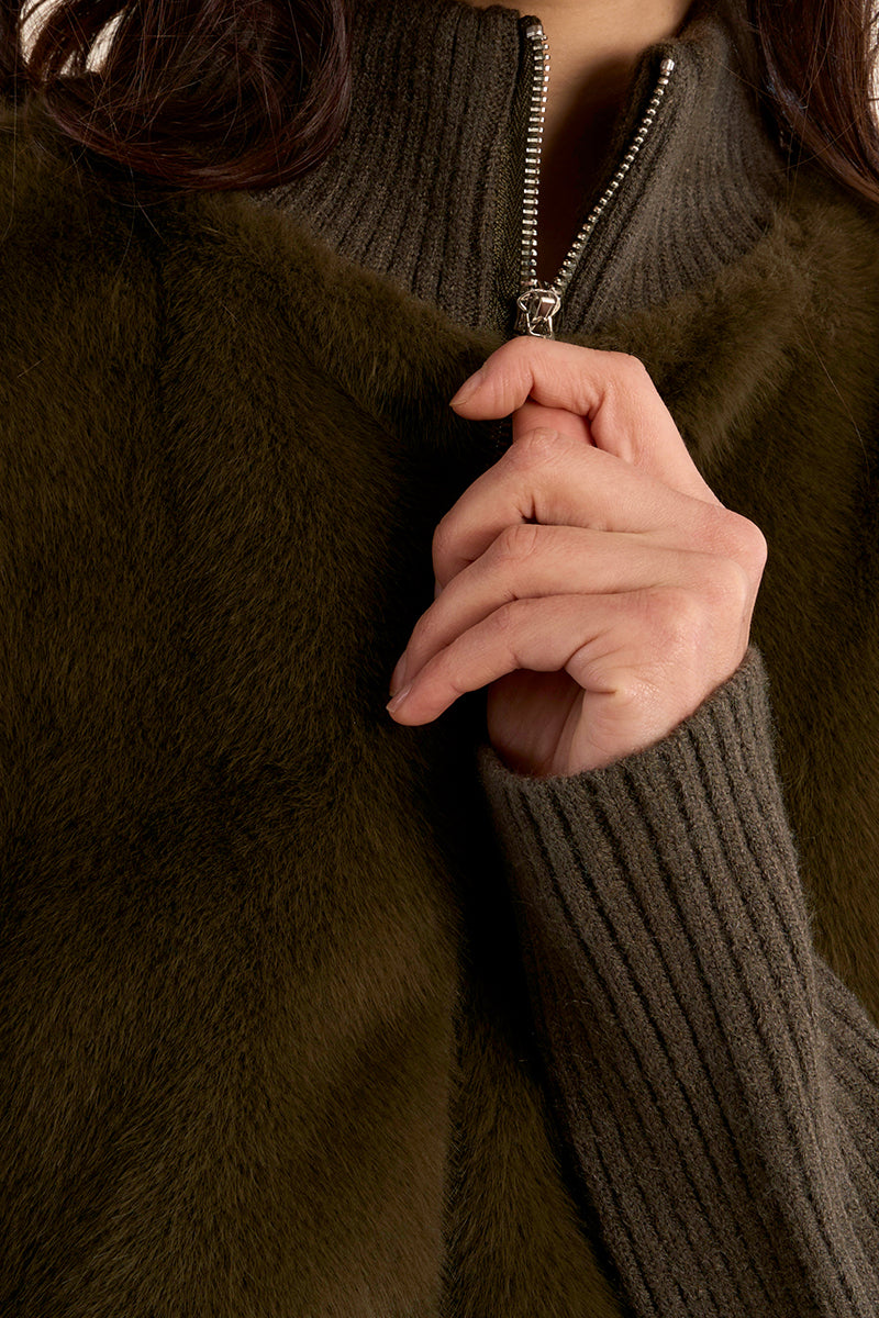 Knitted Fur Jacket - Khaki Green