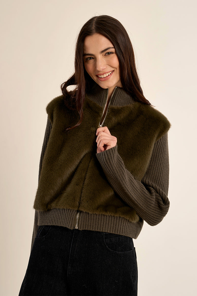 Knitted Fur Jacket - Khaki Green