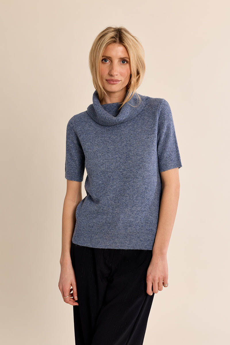 Cowl Neck Short Sleeve Sweater - Denim Blue