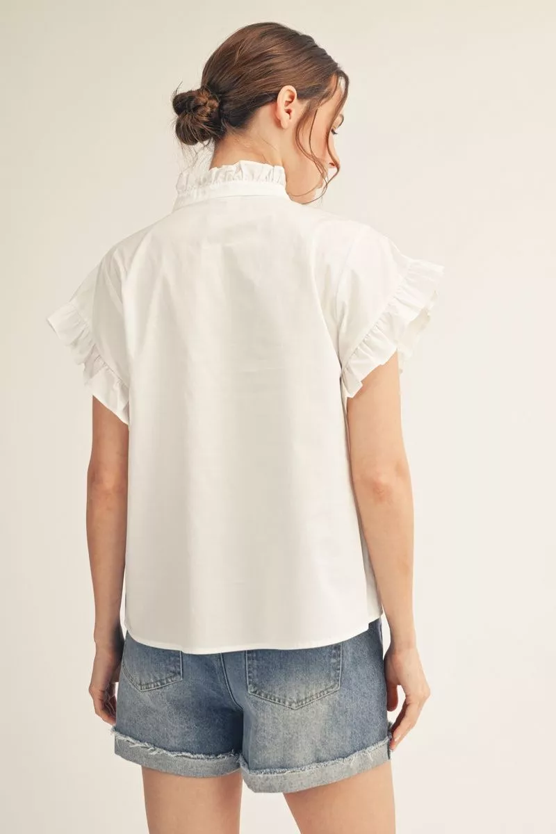 Ruffle Sleeve Button Up Blouse - White