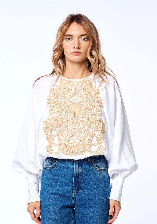 Lenny Embroidery Patch Long Sleeve Bubble Hem Top