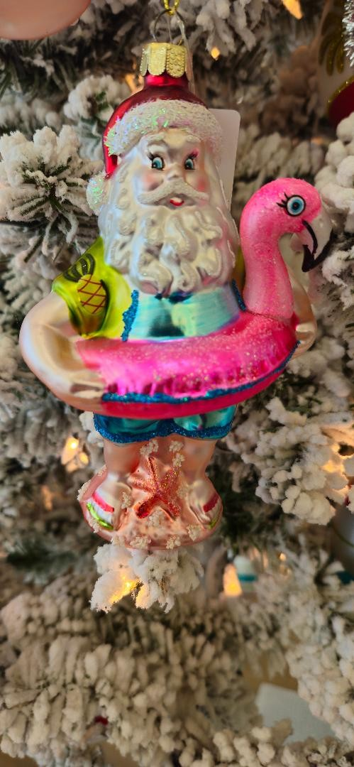 Beach Flamingo Floatie Santa Ornament