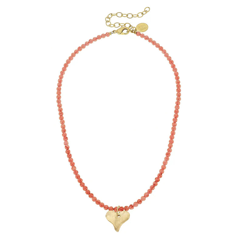 Handcast Gold Heart on Pink Coral Necklace