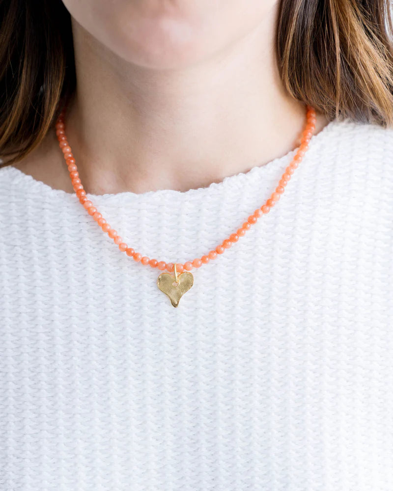 Handcast Gold Heart on Pink Coral Necklace