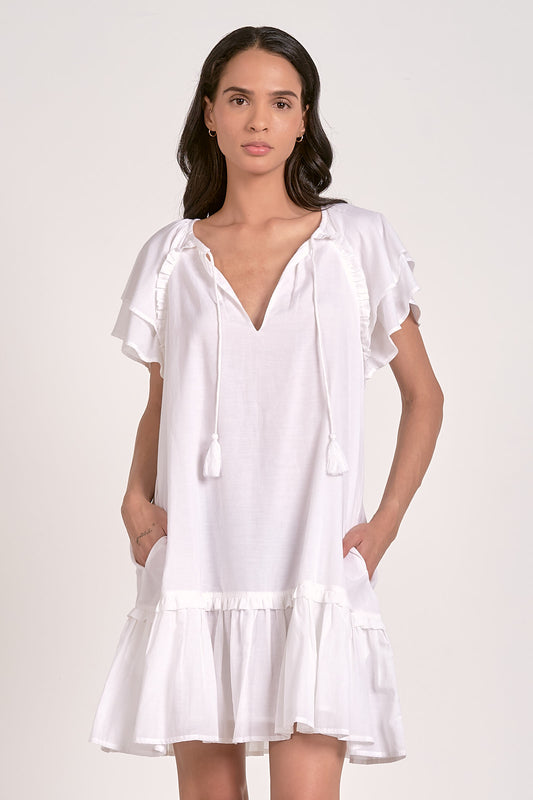 White Flutter Linen Dress