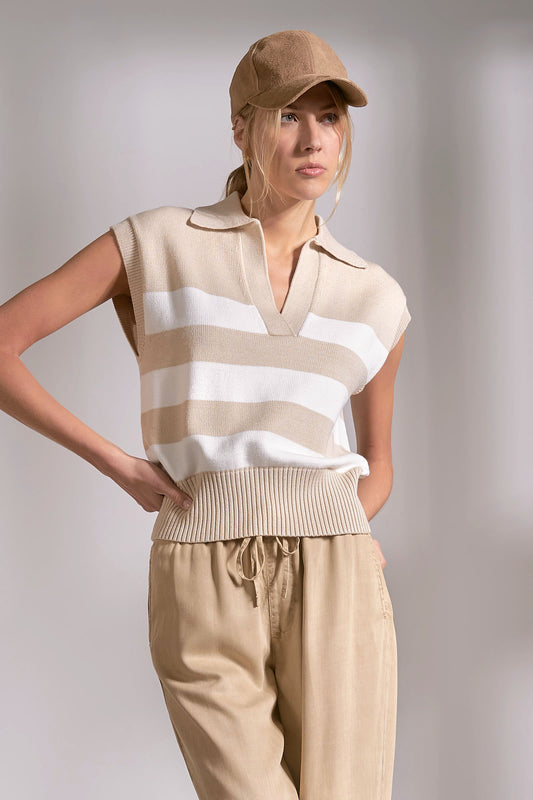 Beige Striped Collared Woven Sweater