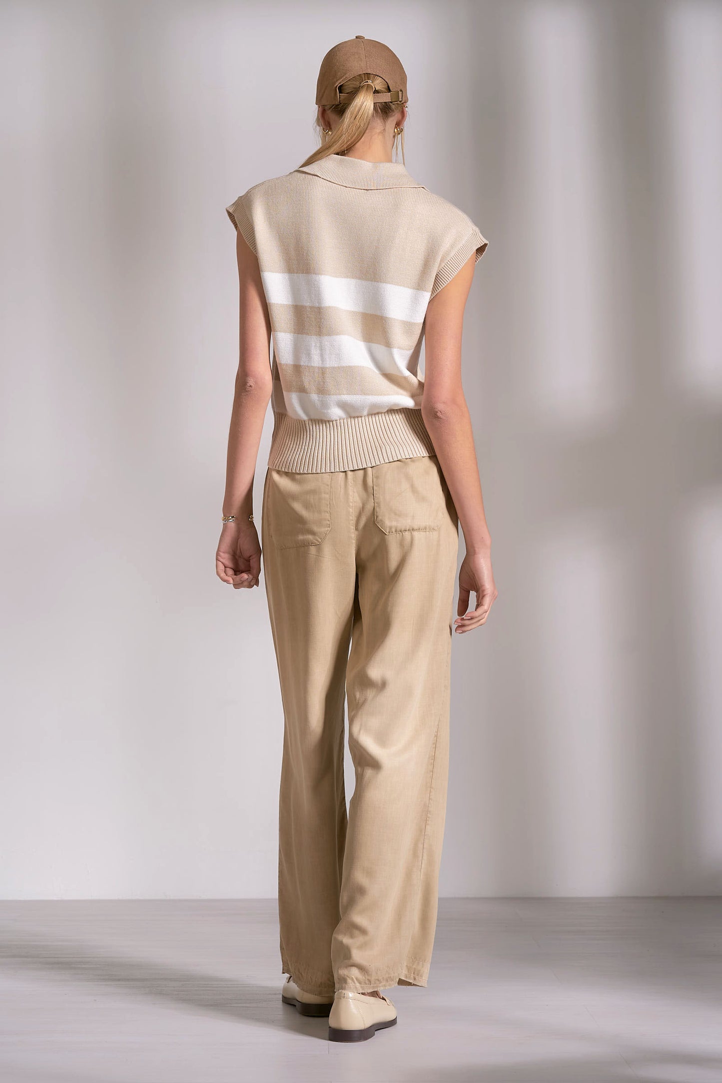 Beige Striped Collared Woven Sweater
