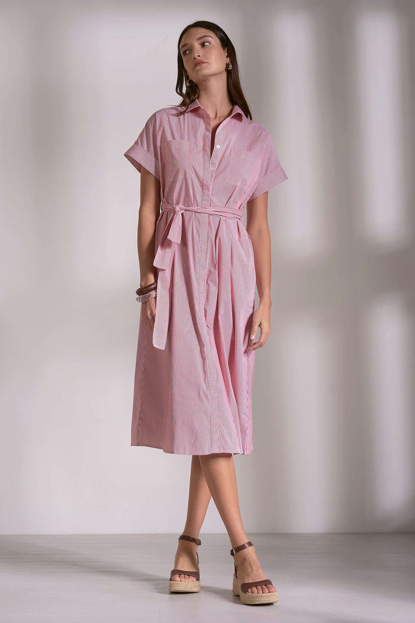 Striped Collared Tie Wrap Dress - Red