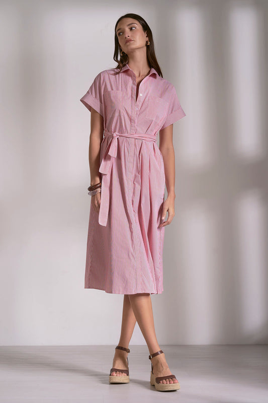 Striped Collared Tie Wrap Dress - Red