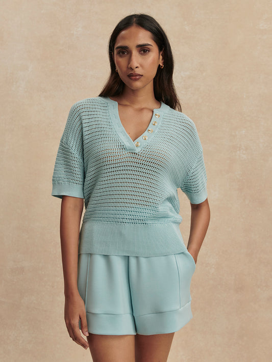 Callie Short Sleeve Knit Top - porcelain blue
