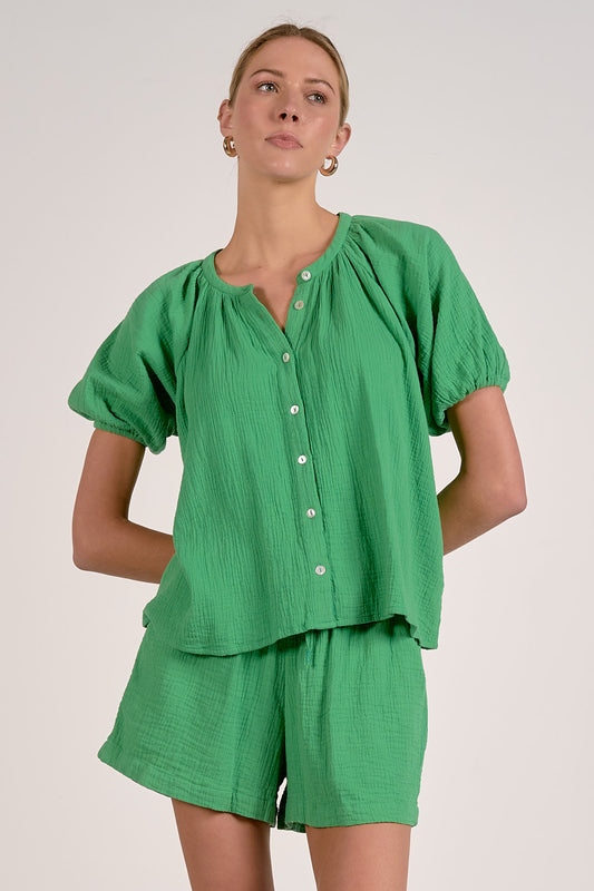 Puff Sleeve Button Down - Kelly Green