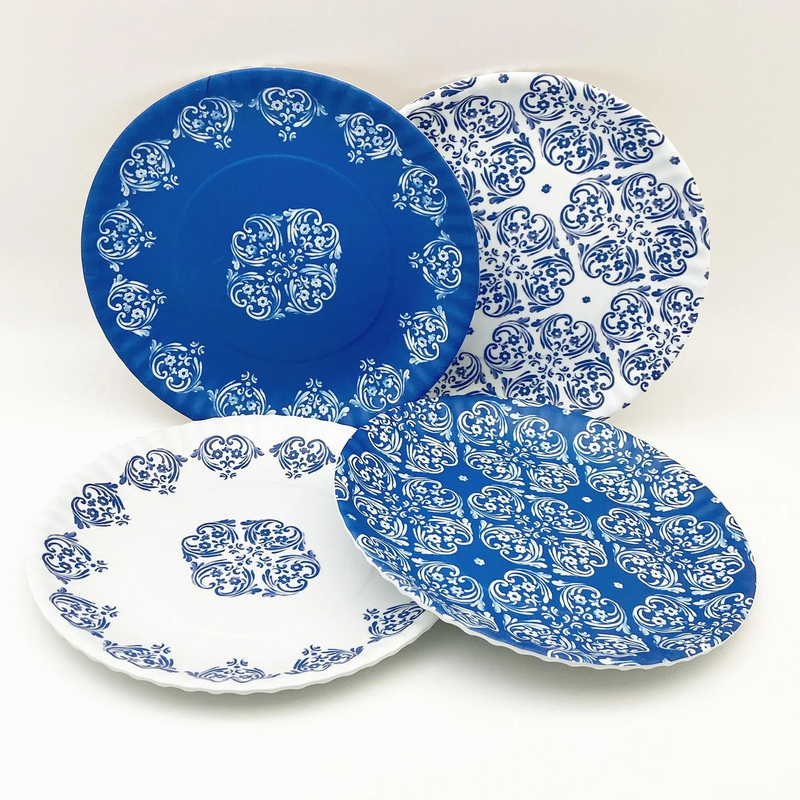 Blue & White Melamine "Paper" Plates - Set of 4