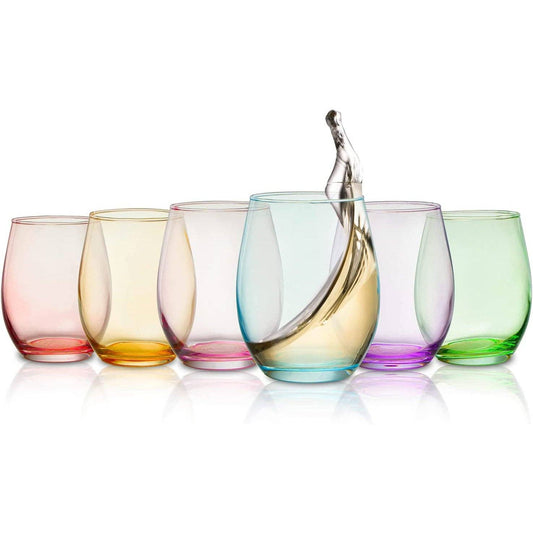 Stemless Colored Wine Glasses, Multicolor - 12 oz - Set of 6