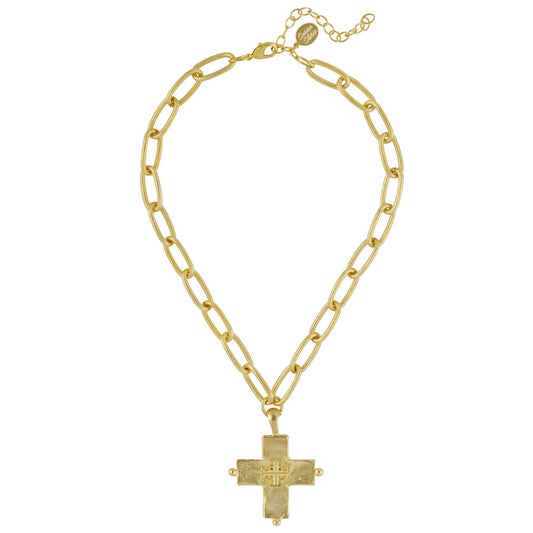 Gold Jerusalem Cross + Oblong Chain Necklace